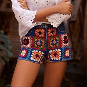Farm Rio High Rise Crochet Granny Square Denim Shorts, size 28